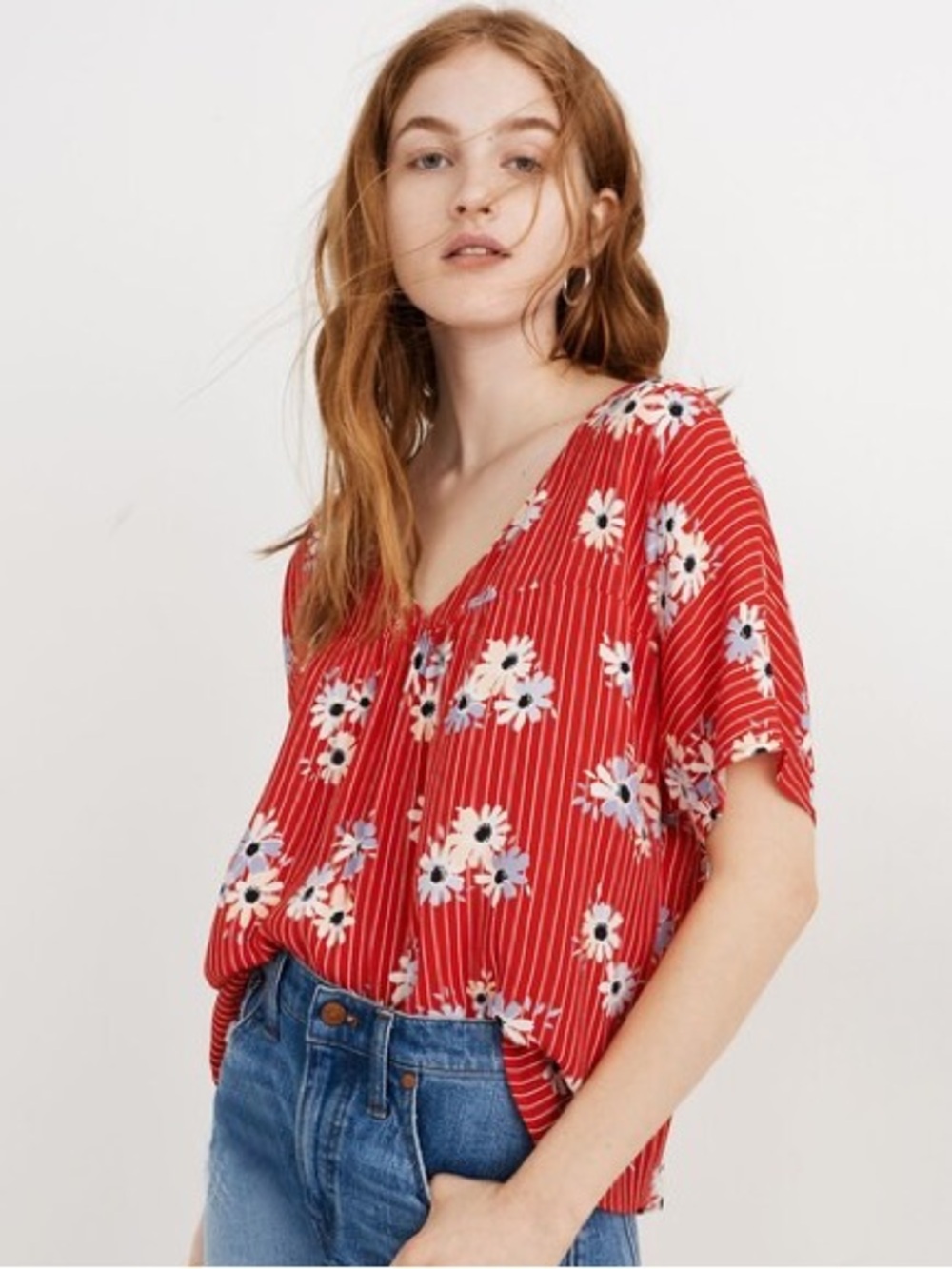 Madewell Rhyme Top in Daisy Society Red Floral V‑Neck Button Front Blouse L